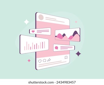 Social media marketing statistics. Insightful influencer social media analytics. Discover trends, engage audience and optimize smm strategies using powerful metrics and data visualization illustration