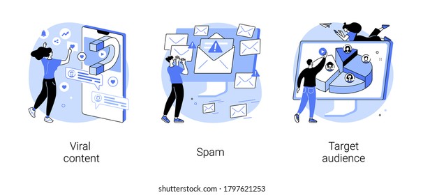 Social Media Marketing Strategy Abstract Concept Vector Illustration Set. Viral Content, Spam, Target Audience, Internet Meme, Mail Filter, Web Security, Sharing Post, Campaign Abstract Metaphor.