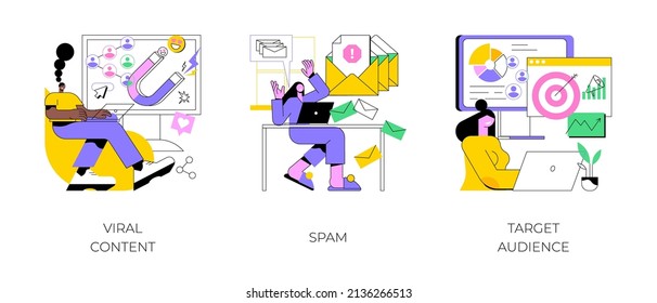 Social media marketing strategy abstract concept vector illustration set. Viral content, spam, target audience, internet meme, mail filter, web security, sharing post, campaign abstract metaphor.