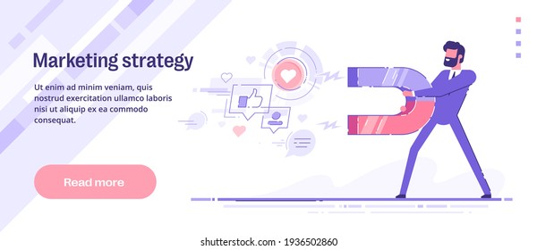 Concepto de estrategia de marketing en medios sociales.  Al hombre le gustan los carteles, los comentarios y los seguidores con un imán enorme. Ilustración vectorial moderna.
