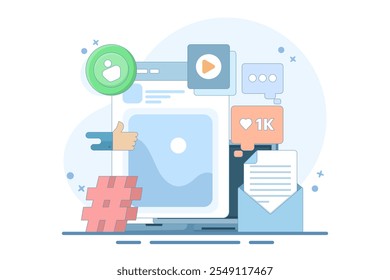 Social media marketing strategy concept, such as email, tag, digital marketing strategy, social media management, SMM, brand insight, campaign strategy development. Flat vector illustration.