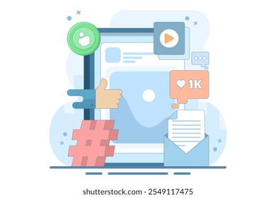 Social media marketing strategy concept, such as email, tag, digital marketing strategy, social media management, SMM, brand insight, campaign strategy development. Flat vector illustration.