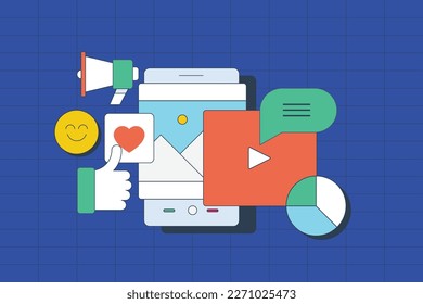 Social media marketing strategy for creating brand awareness campaign, Social media promotion for likes, shares and building followers - flat design vector illustration with icons