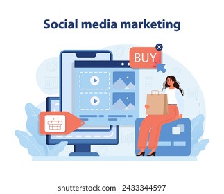 Social Media Marketing Strategy. Engaging online audience with targeted social media advertising. Flat vector illustration of online shopping via social networks.