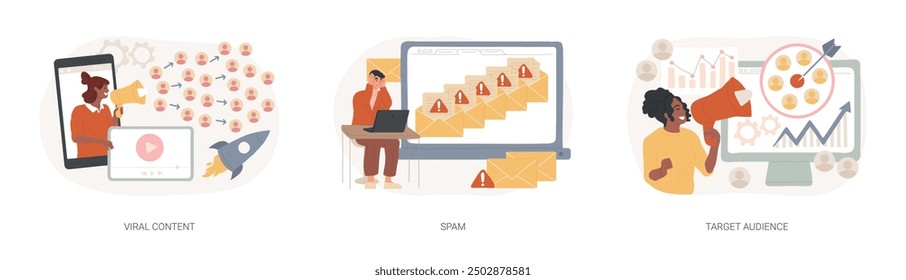 Social media marketing strategy isolated concept vector illustration set. Viral content, spam, target audience, internet meme, mail filter, web security, sharing post, campaign vector concept.