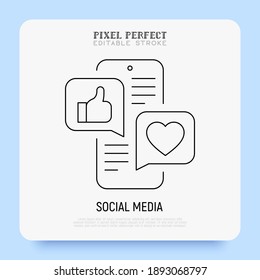 Social media marketing super thin line icon: smartphone with speech bubbles that contains thumbs up, heart. Digital strategy. Pixel perfect, editable stroke. Vector illustration. 