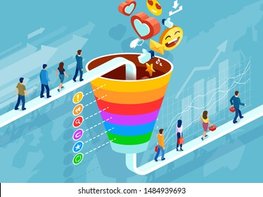 Social Media Marketing And Target Audience Concept. Isometric Funnel Infographic Of A Customer Retention Strategy
