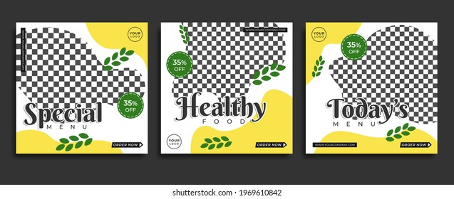 Social media marketing template. Healthy food menu on social media post. Fresh yellow pastel color.