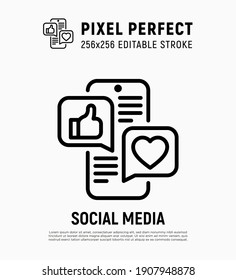 Social Media Marketing Thin Line Icon: Smartphone With Speech Bubbles That Contains Thumbs Up, Heart. Digital Strategy. Pixel Perfect, Editable Stroke. Vector Illustration. 