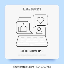 Social media marketing thin line icon: open laptop with thumbs up and heart on screen. Digital strategy. Pixel perfect, editable stroke. Vector illustration. 