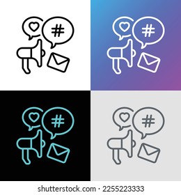 Social media marketing thin line icon: megaphone with speech bubbles that contains hashtag, e-mail, heart. Digital strategy. Vector illustration. 
