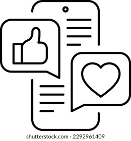 Social media marketing thin line icon: smartphone with speech bubbles that contains thumbs up, heart. Digital strategy. Vector illustration. 