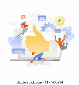 Social Media Marketing. Tiny people characters around big thumbs up sign isolated on white background. Vector dynamic flat design for business, technology, finance, and other needs.