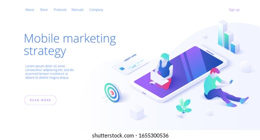 Social media marketing vector business illustration in isometric design. SMM concept background with male and female tapping like button on smartphone. Web banner layout template.
