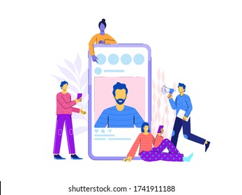 Social Media Marketing Vector Concept Illustration, Happy Woman And Men Give Like Comment On Instagram, Can Use For, Landing Page, Template, Ui, Web, Homepage, Poster, Banner, Flyer, Infographic