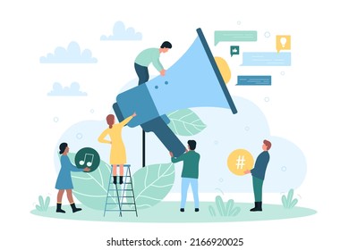 Social media marketing, viral announcement of business messages. Cartoon tiny people promote voice presentation or interesting news with megaphone flat vector illustration. Commerce, hype concept