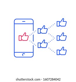 Social media marketing, viral content, spread information, advertisement promotion, like thumbs up, vector line illustration