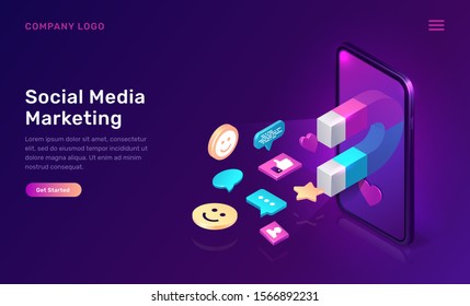 Social media marketing, viral mms, vector isometric concept. 3D mobile phone screen with large magnet attracting social media content icons, like and followers, chat messages, ultraviolet app web page