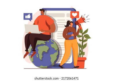 Social media marketing web concept in flat design. Woman with megaphone attracts new followers. Man browsing content and ads online. Advertisement and promotion. Vector illustration with people scene