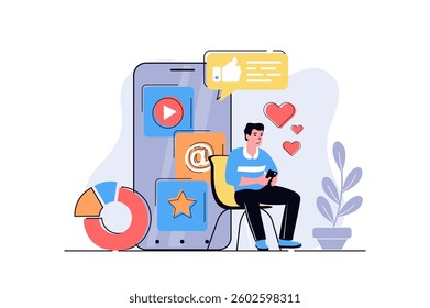 Social media marketing web concept with cartoon people design. Man making posts with online promotion, getting followers, analyzing statistics. Flat vector illustration isolated on white background.