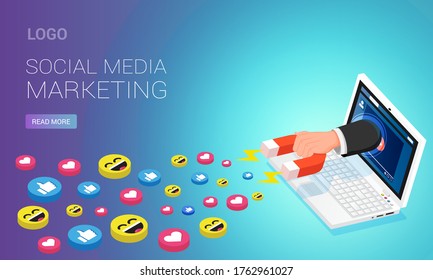 Social media marketing webpage template. Person with magnet attracting likes from youtube video on laptop screen, isometric vector illustration