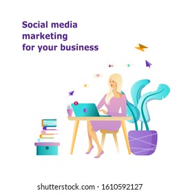 Social media marketing website concept. Girl sitting  and working with laptop. Web Design advertising template for online education, freelance work, internet shopping, courses, entertaiment. 