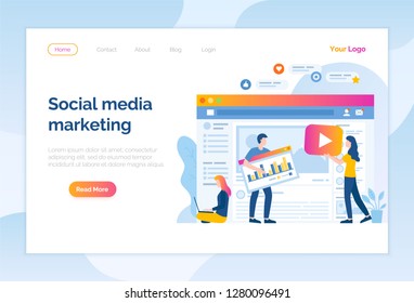 Social media marketing website online page people vector. Workers filling information for site, optimization and development of seo search engine. Networking connection