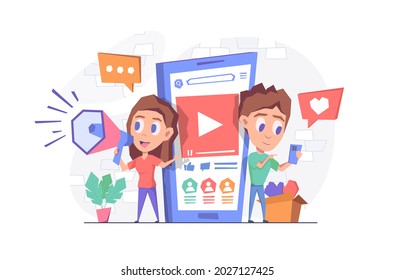 Social media marketing. A woman with a horn stands by the phone. A man is holding a smartphone, watching a video, giving likes. Flat vector illustration.