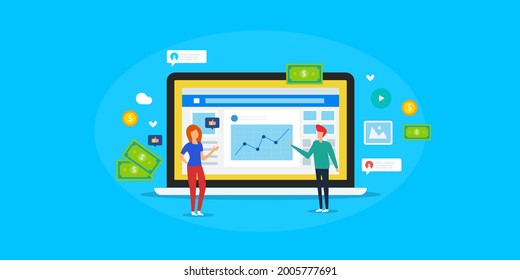 Social Media Marketing, Woman Sharing Social Media Content, Social Media Growth, Digital Marketing, Paid Advertising Campaign - Conceptual Vector Illustration With Icons And People