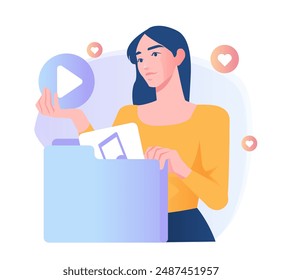 Marketing en redes sociales. Mujer especialista SMM o influencer tiene carpeta con contenido creativo para la promoción en Internet y redes sociales. Ilustración vectorial de dibujos animados aislada sobre fondo blanco