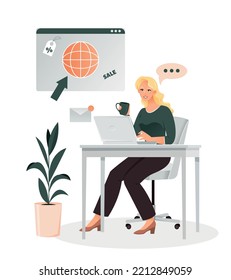 Social Media Marketing. Young girl sits with hot drink in hands at laptop and creates advertising poster or banner. Freelancer and remote employee, work on Internet. Cartoon flat vector illustration