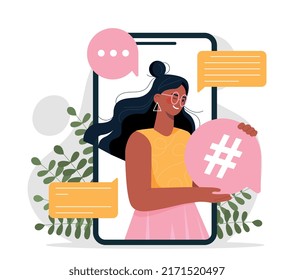 Social media mention. Woman in smartphone holds hashtag. Modern technologies, online marketing and promotion on Internet. Popular girl, famous blogger concept. Cartoon flat vector illustration