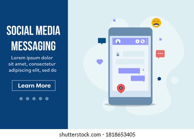 Mensaje de medios sociales, promoción de contenido en medios sociales, marketing - plantilla de vector de diseño plano con iconos y textos