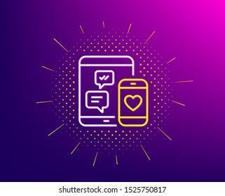Social media messages line icon. Halftone pattern. Mobile devices sign. Smartphone Love message symbol. Gradient background. Social media line icon. Yellow halftone pattern. Vector