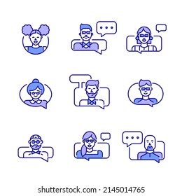 Los iconos de mensajería de medios sociales y asistencia a los centros de llamadas están configurados. Pixel perfecto, comedible, morado y azul