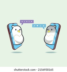 Social media messaging concept illustration. Two birds talk to each other out of the phone