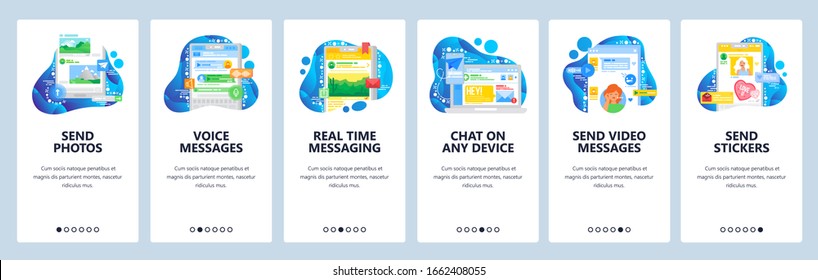 Social media messenger mobile phone app. Send voice and text message. Video call and online chat, sticker. Vector banner template for website and mobile development. Web site design illustration.