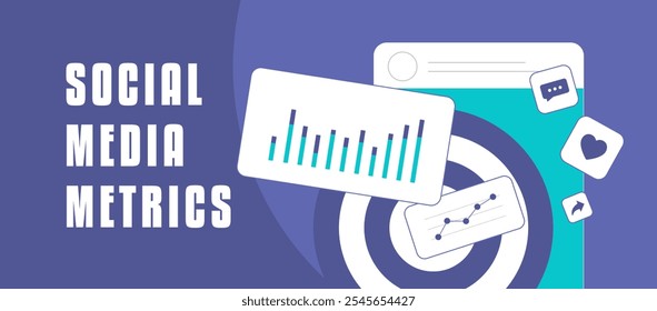 Métricas de redes sociales, análisis de marketing digital. Iconos y gráficos de redes sociales, que representan los KPI y el seguimiento del rendimiento. Ilustración de Anuncio de Vector plano, diseño de encabezado publicaciones de blog de redes sociales