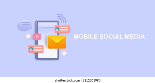 Social media mobile application, Social media marketing, Mobile content advertising - 3D style vector illustration with icons