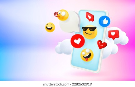 El concepto de uso de aplicaciones móviles de medios sociales con emoji y smartphone. Banner vectorial 3d con espacio de copia