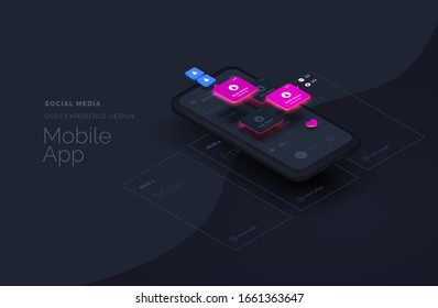 Social media for mobile applications. Web page created from separate blocks. User experience, user interface. Layouts of the mobile application by layers. Modern vector illustration isometric style.