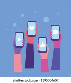 Social Media and mobile apps. Friends Interacting online on different social platforms. Female hands holding smartphones with social media apps icons. Online communication and connection. Flat vector 