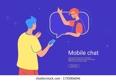 Social media mobile chat and communication. Concept flat vector illustration of teenage man using mobile smartphone witn messenger app for texting his friend or doing video call. 