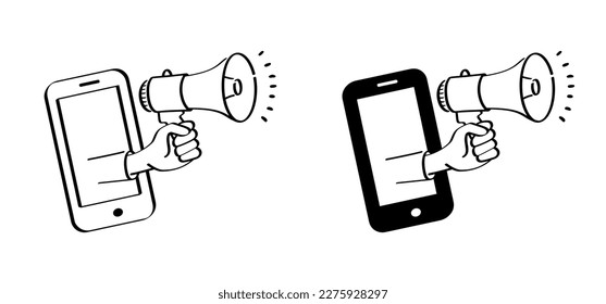 Social Media, mobile, communic to speak symbol. Cartoon megaphone to speak message. Loudspeaker, horn, announcing for atention talk. Megaphone amplifier. Talking or talk loud. Bullhorn, advertising.