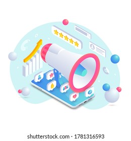 Social Media Mobile Digital marketing trendy Isometric Concept. 3d apps icon, loudspeacker on smartphone screen, graphs. Business analysis vector illustration for banner, web, infographics, mobile app