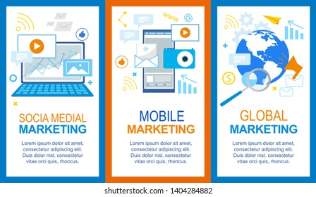 Social Media. Mobile Global Marketing Banner Set. Computer Smartphone Advertisement, Financial Strategy, Internet Business, Online Market Modern Technology, Sucess Management Vector Illustration
