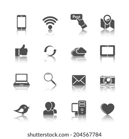 Social media mobile global network set with computer cloud tablet monochrome icons isolated vector illustration