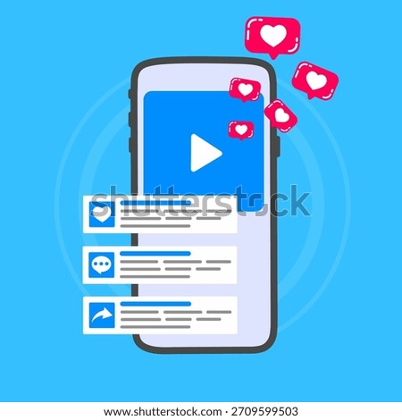 Social Media Mobile Interface with Likes, Comments, Share and Video Player Icon