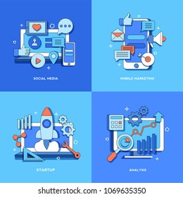 Social Media, Mobile Marketing, Startup, Analysis concepts for web page, banner, presentation. Set. Vector illustration