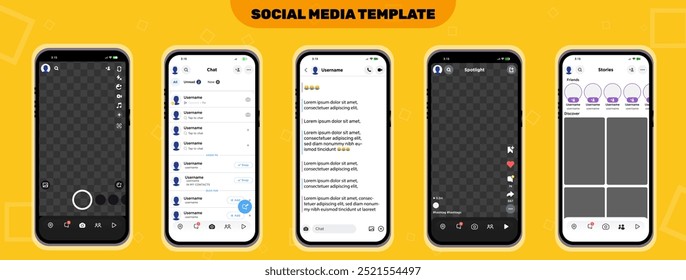 Social Media-Mockup, Social Network, App-Mockup. Bildschirmgruppe für die Benutzeroberfläche sozialer Medien. Beliebte soziale Medien. Snap, Chat, Feed, Stories, Benutzeroberfläche Bildschirm. 